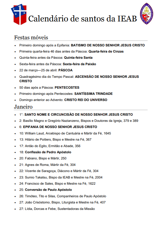 Capa do Calendário de Santos da IEAB